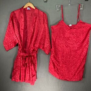 Gabrielle Intimates Red Jacquard Kimono Robe &‎ Cami Set Size M Polyester
